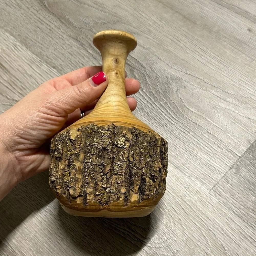 Hand Made Rustic Turned Wood Vase with Natural Bark 7